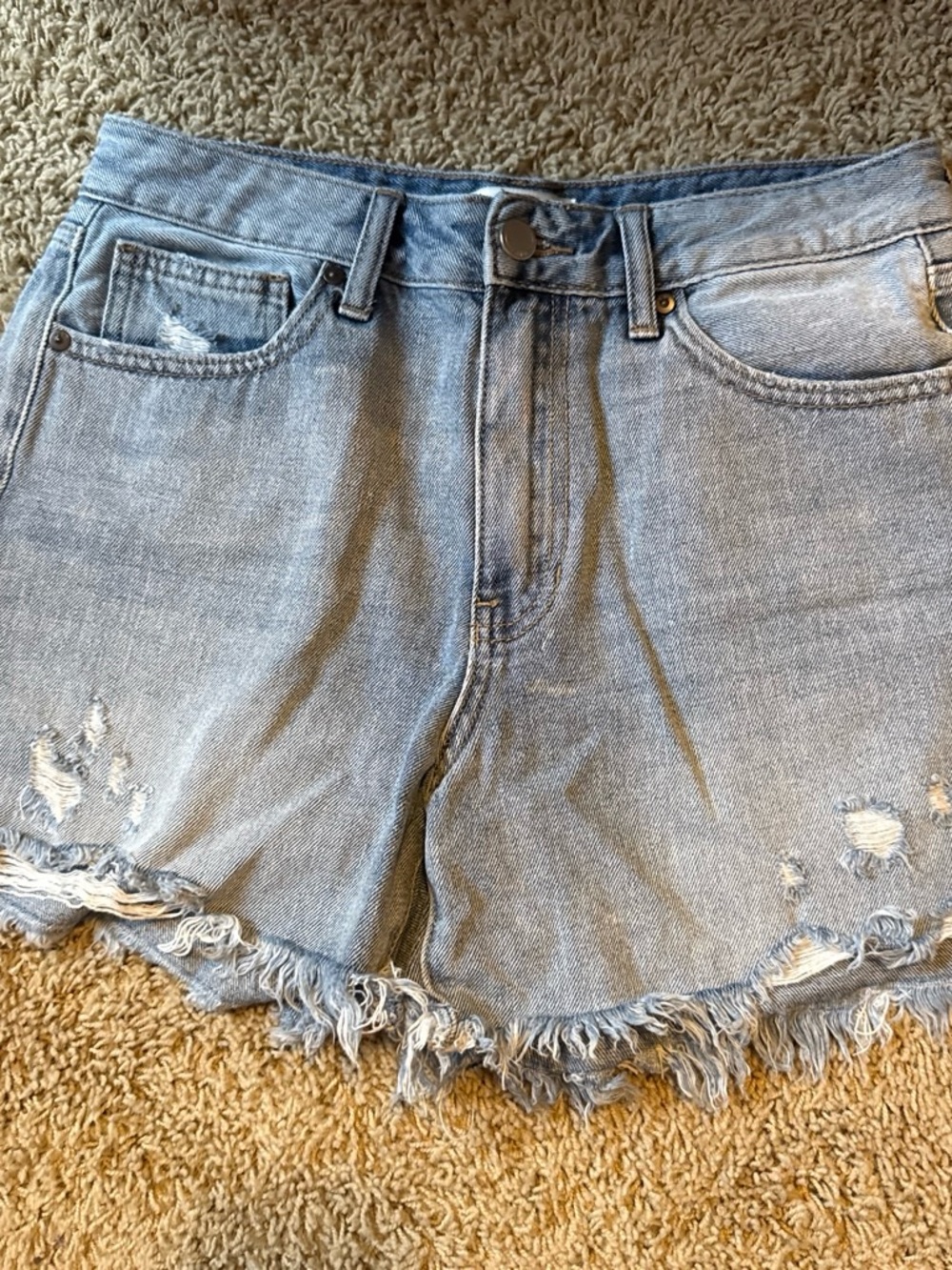 High-Rise Light Blue Distressed Denim Shorts